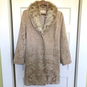 Merona Damask Tapestry Coat Small Cream Removable Faux Fur Collar Y2K Penny Lane